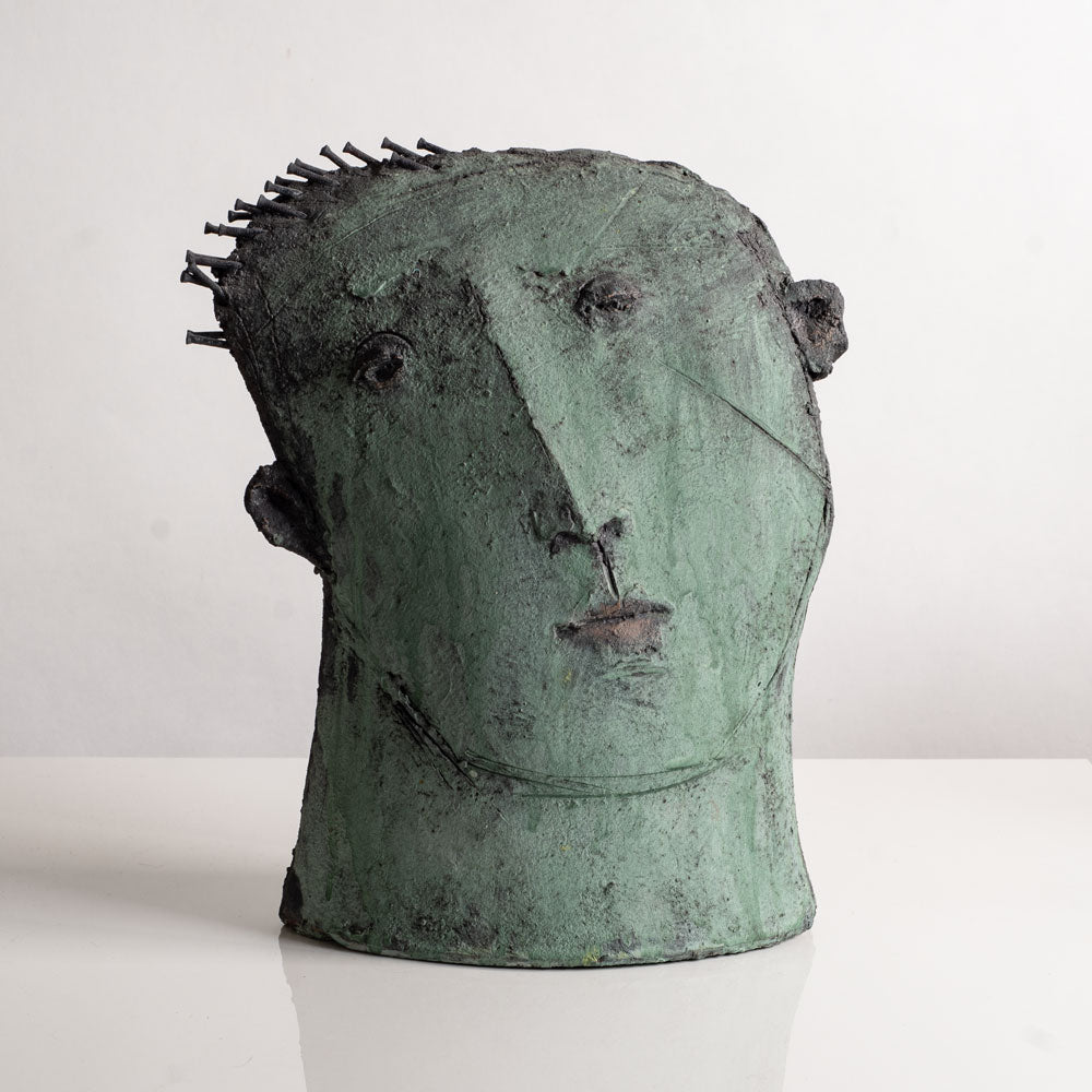 Christy Keeney, Ireland, unique stoneware bust of a man with green glaze L3985