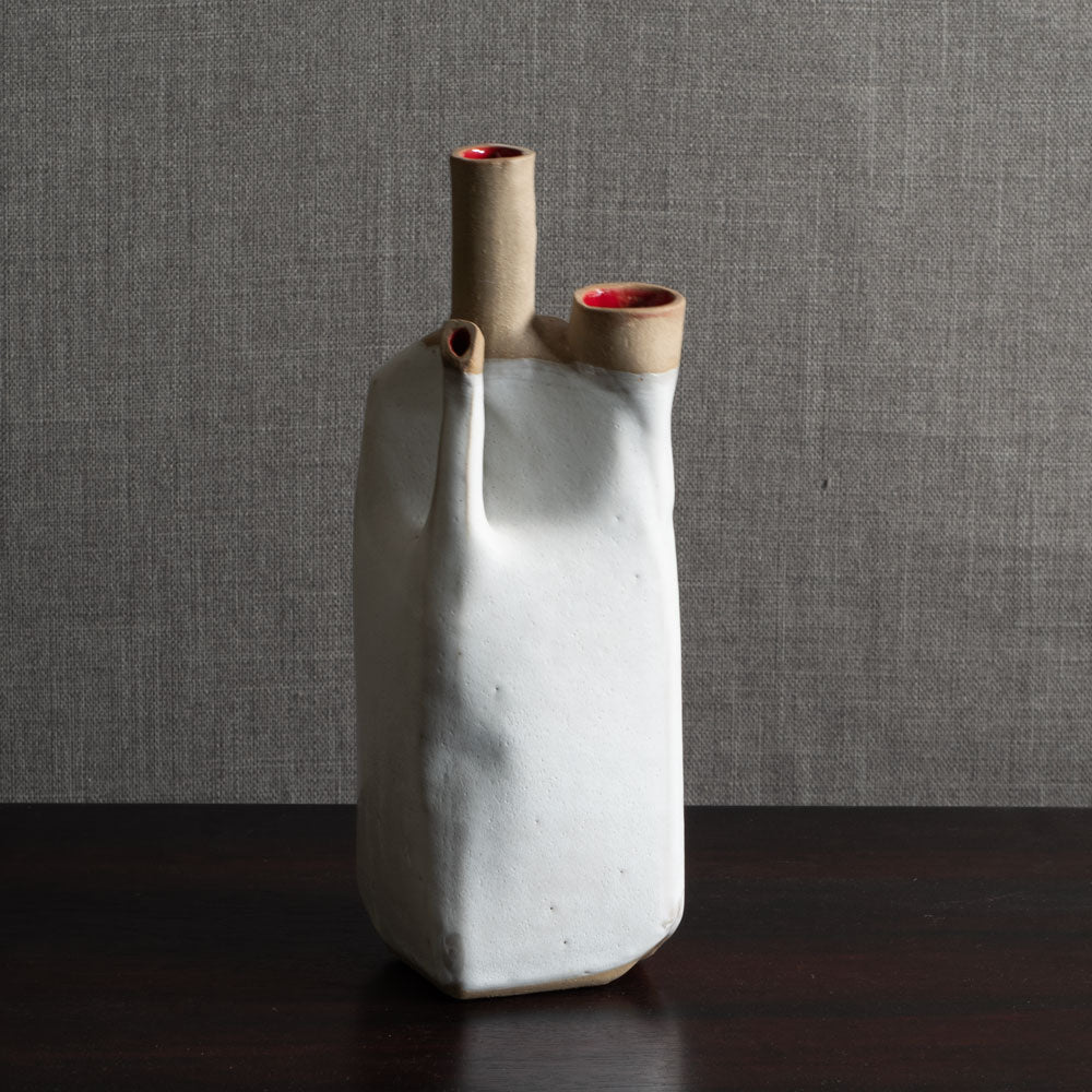 Joanne Howard, US, unique stoneware sculptural vessel with matte white and glossy red glaze JH004