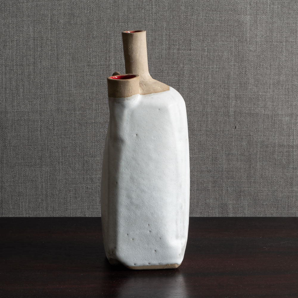 Joanne Howard, US, unique stoneware sculptural vessel with matte white and glossy red glaze JH004