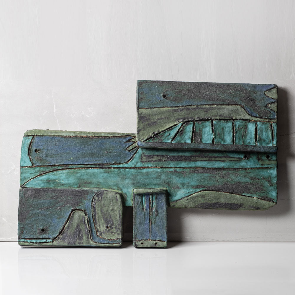 Beate Kuhn, Germany, large wall-hanging relief with blue and green glaze J1262