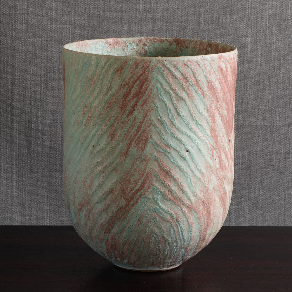 Peter Frasier Beard, UK, stoneware textured vase with blue and pale red glaze M4350