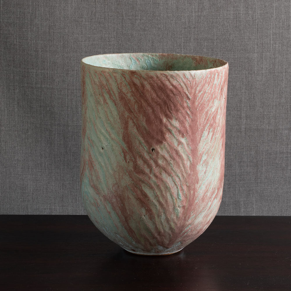 Peter Frasier Beard, UK, stoneware textured vase with blue and pale red glaze M4350