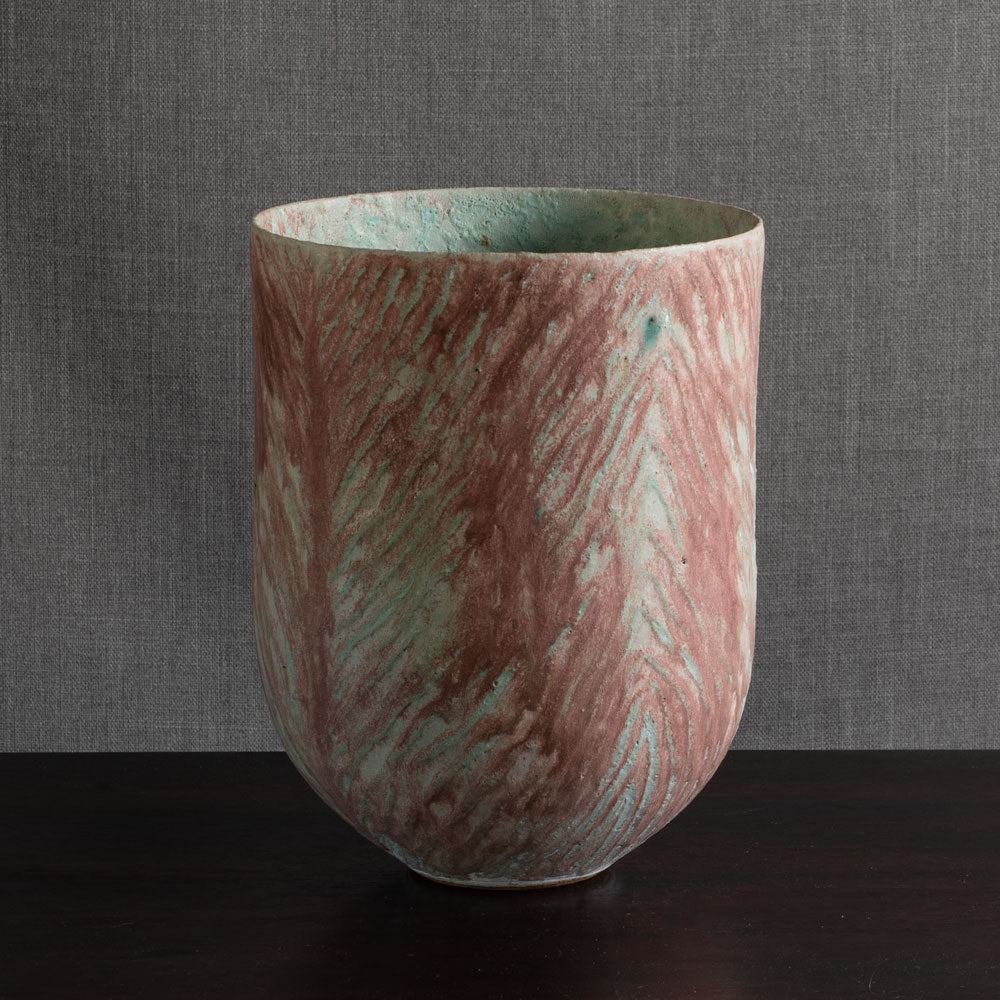 Peter Frasier Beard, UK, stoneware textured vase with blue and pale red glaze M4350