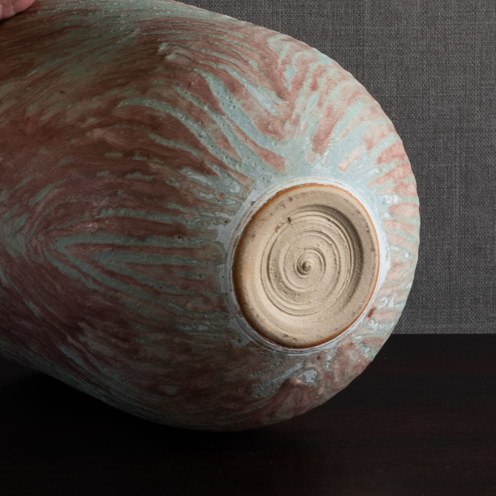 Peter Frasier Beard, UK, stoneware textured vase with blue and pale red glaze M4350