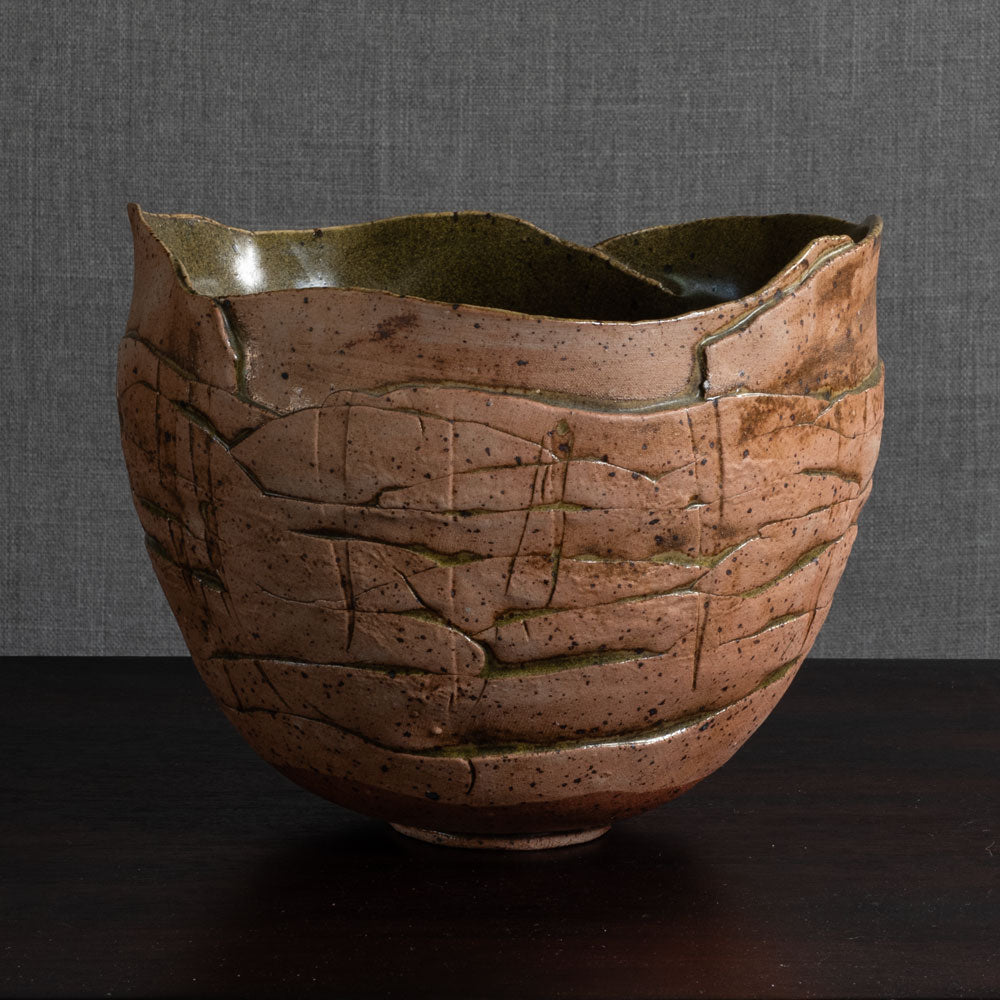 Lene Regius, Denmark, unique handbuilt stoneware bowl with olive glaze to interior M4365