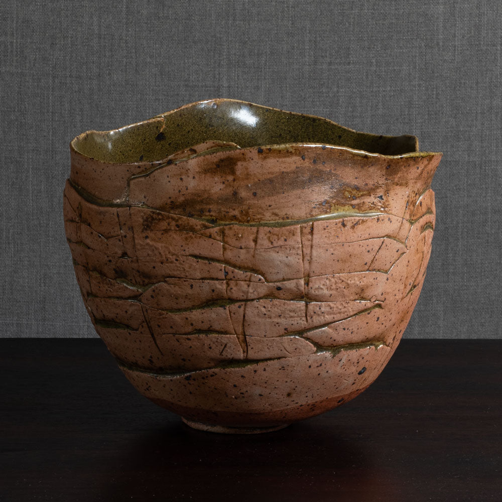 Lene Regius, Denmark, unique handbuilt stoneware bowl with olive glaze to interior M4365