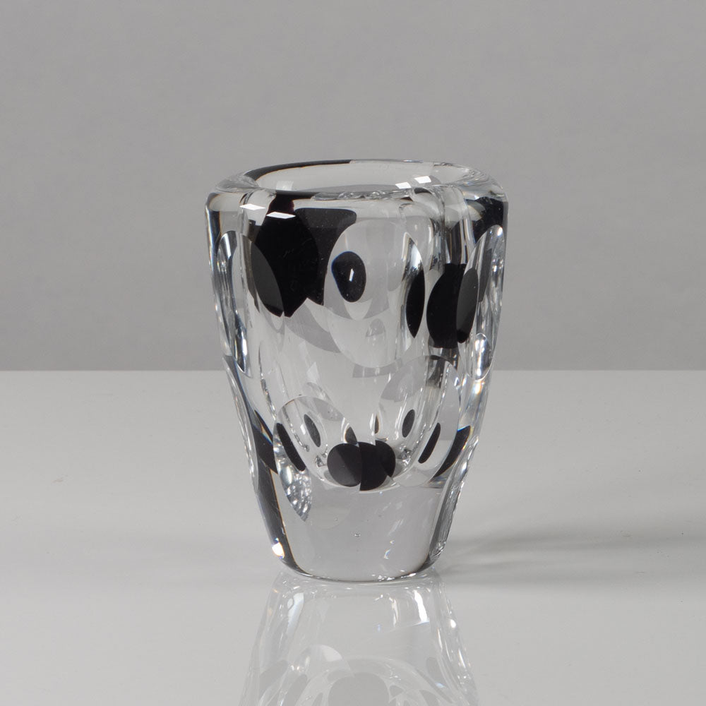 Vicke Lindstrand for Kosta, Sweden, clear glass vase with black spots L3206