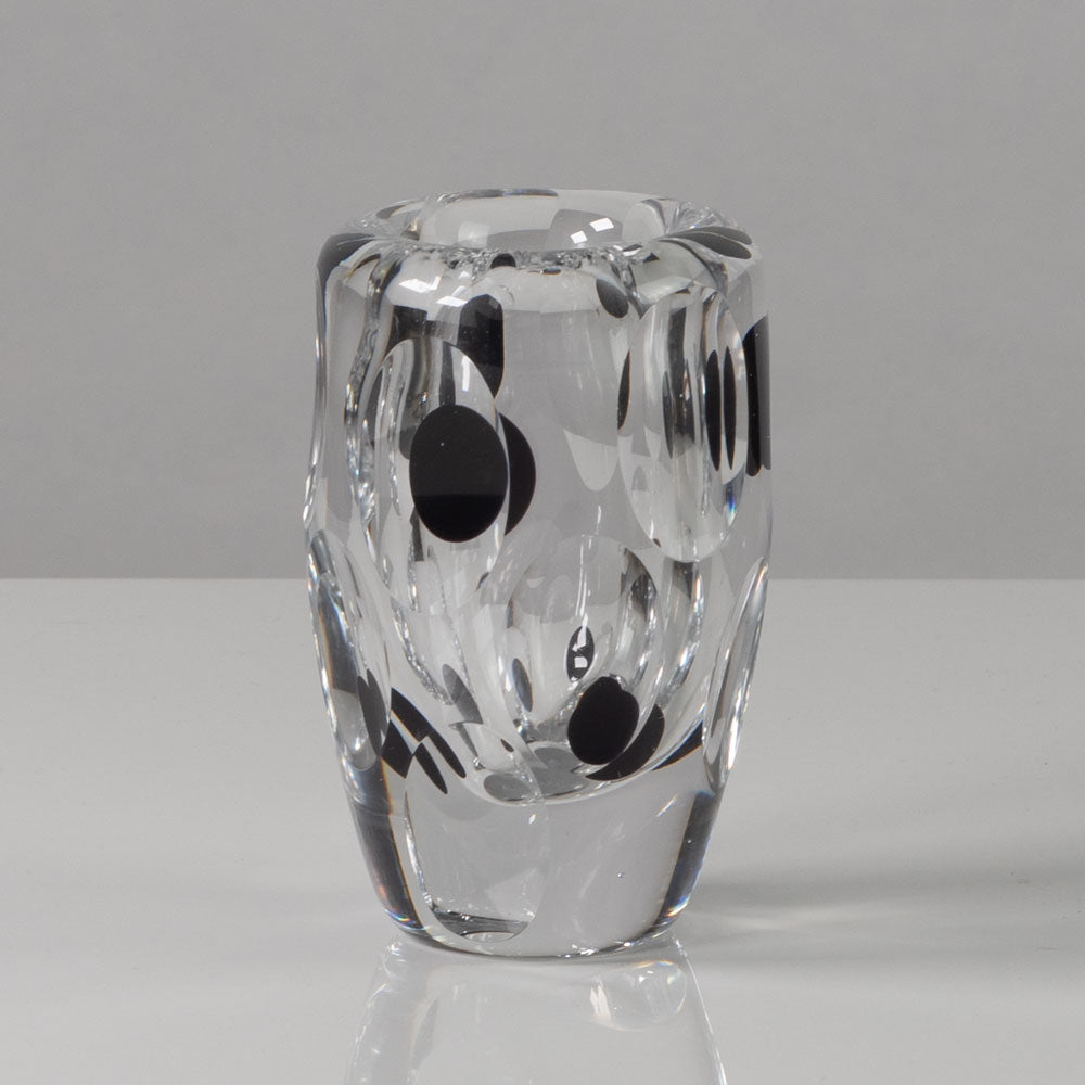 Vicke Lindstrand for Kosta, Sweden, clear glass vase with black spots L3206
