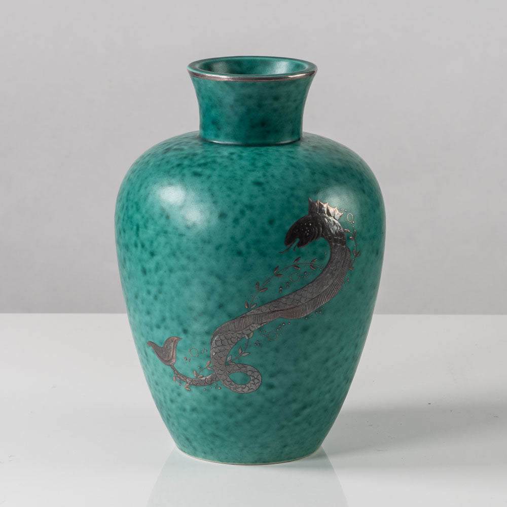 Wilhelm Kåge for Gustavsberg, Sweden "Argenta" vase with fish illustration in silver L3173
