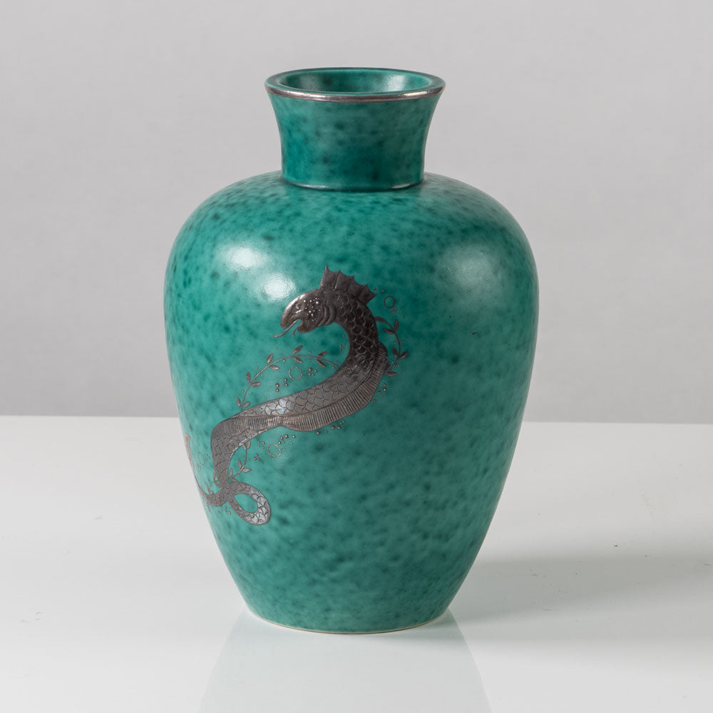 Wilhelm Kåge for Gustavsberg, Sweden "Argenta" vase with fish illustration in silver L3173