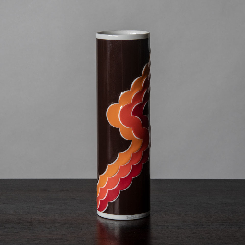 Natalie Sapone for Rosenthal, Germany, cylindrical porcelain vase with brown, orange and red glaze H1422