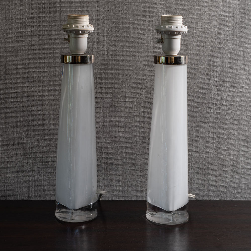 Carl Fagerlund for Orrefors, Sweden, pair of lamps in white and clear glass M4282 and M4283