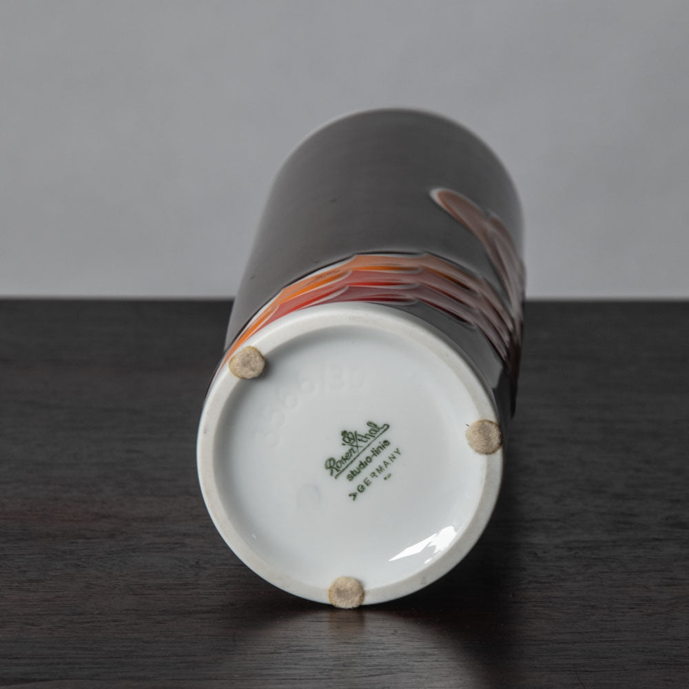 Natalie Sapone for Rosenthal, Germany, cylindrical porcelain vase with brown, orange and red glaze H1422