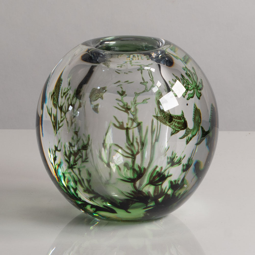 Edward Hald for Orrefors, Sweden, "Fish Graal" vase in clear glass with black and green internal illustration M5378