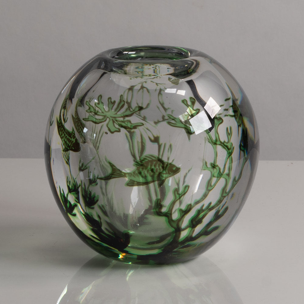 Edward Hald for Orrefors, Sweden, "Fish Graal" vase in clear glass with black and green internal illustration M5378