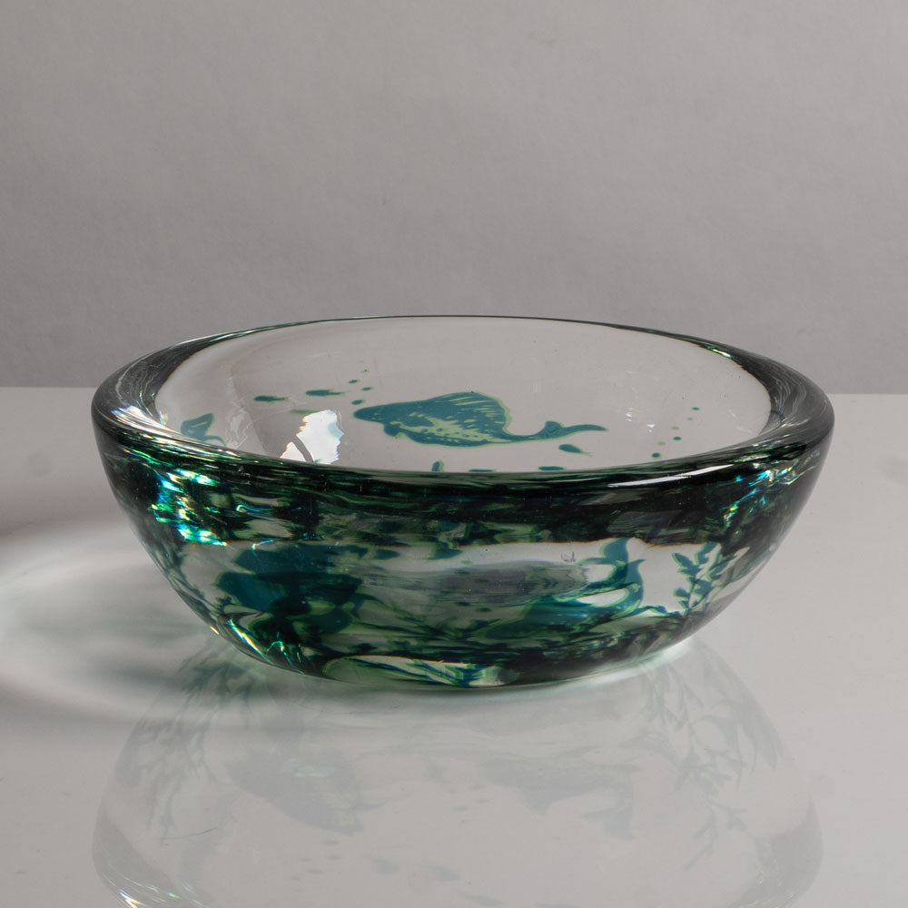 Edward Hald for Orrefors, Sweden, "Fish Graal" bowl in clear glass with blue and green internal illustration M4368
