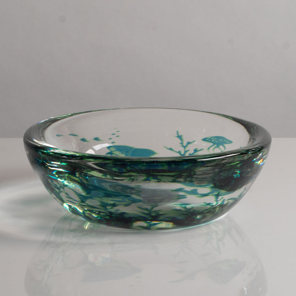 Edward Hald for Orrefors, Sweden, "Fish Graal" bowl in clear glass with blue and green internal illustration M4368