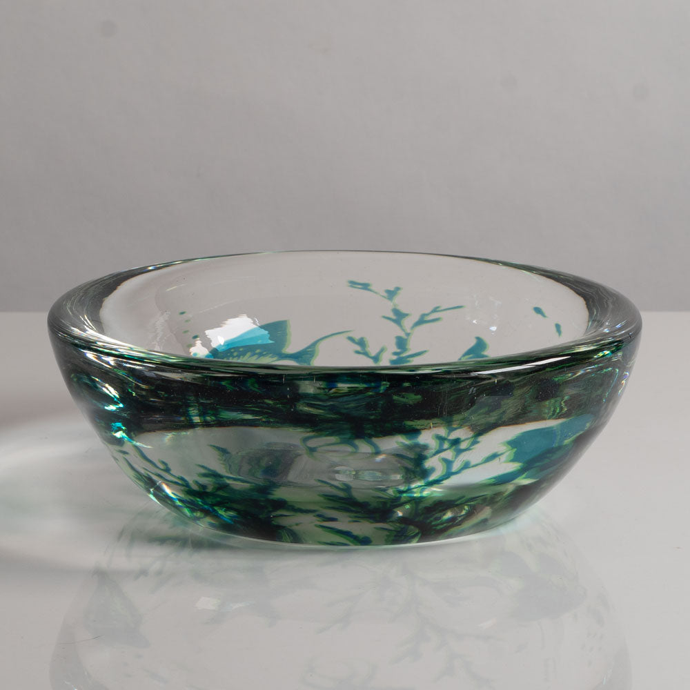 Edward Hald for Orrefors, Sweden, "Fish Graal" bowl in clear glass with blue and green internal illustration M4368