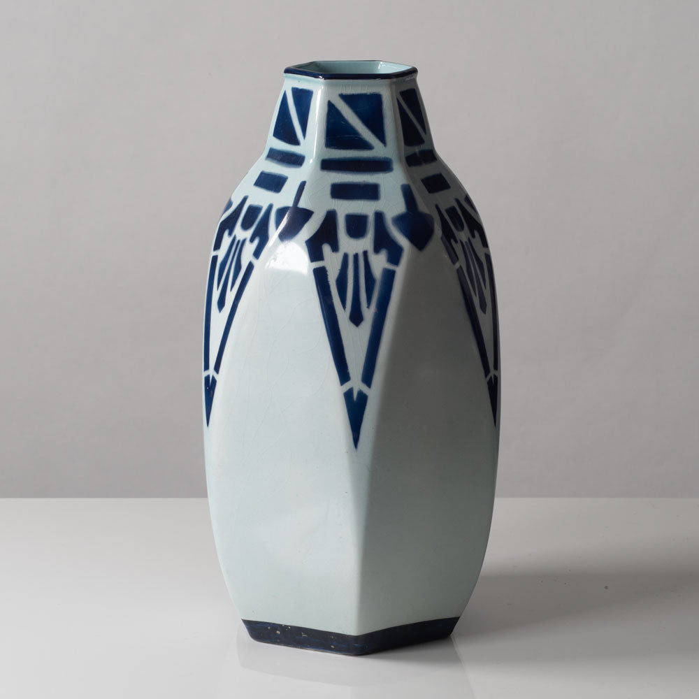 Rörstrand, Sweden, unique stoneware vase with art nouveau pattern in blue and white L3067
