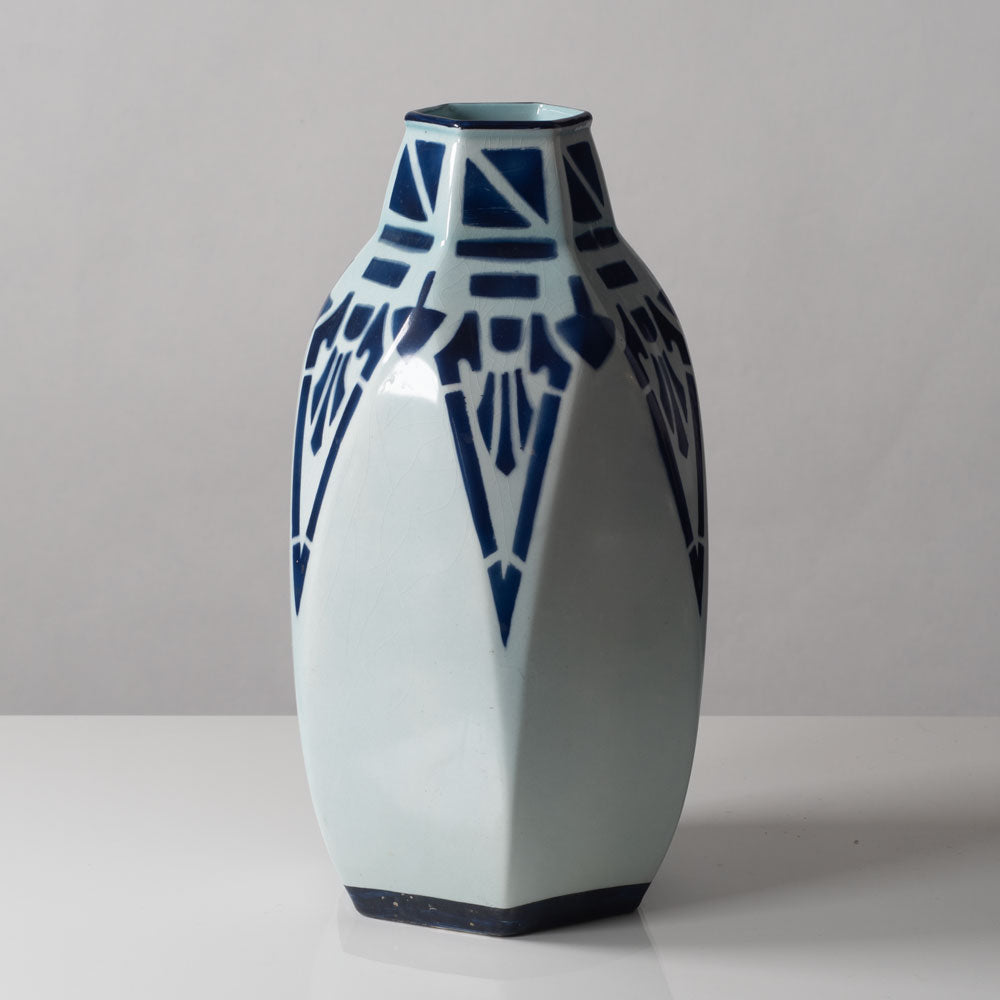 Rörstrand, Sweden, unique stoneware vase with art nouveau pattern in blue and white L3067