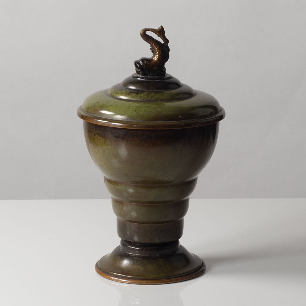 Aegte Bronce Ildfast, Denmark, bronze lidded urn with fish figure to lid L3169