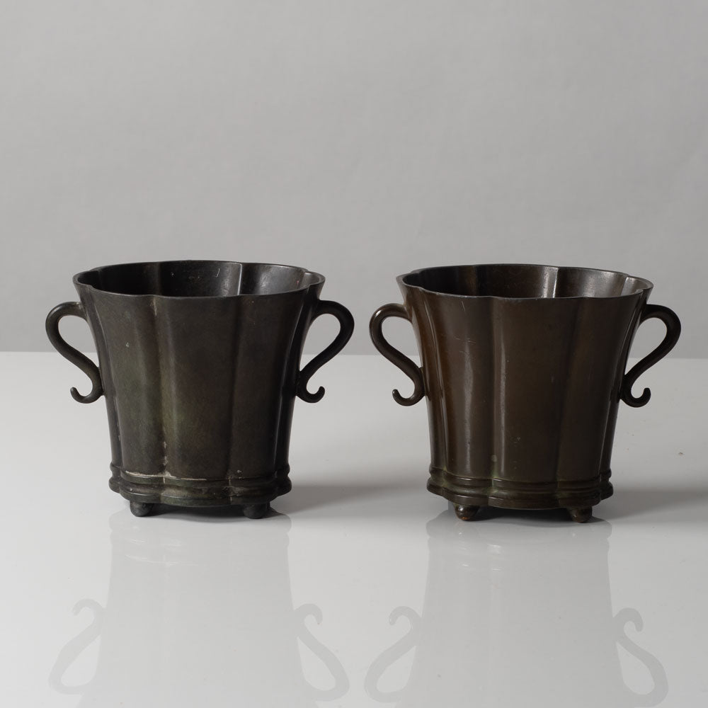 Just Andersen, Denmark, Pair of handled scalloped vessels in disko metal K2378 and L3217