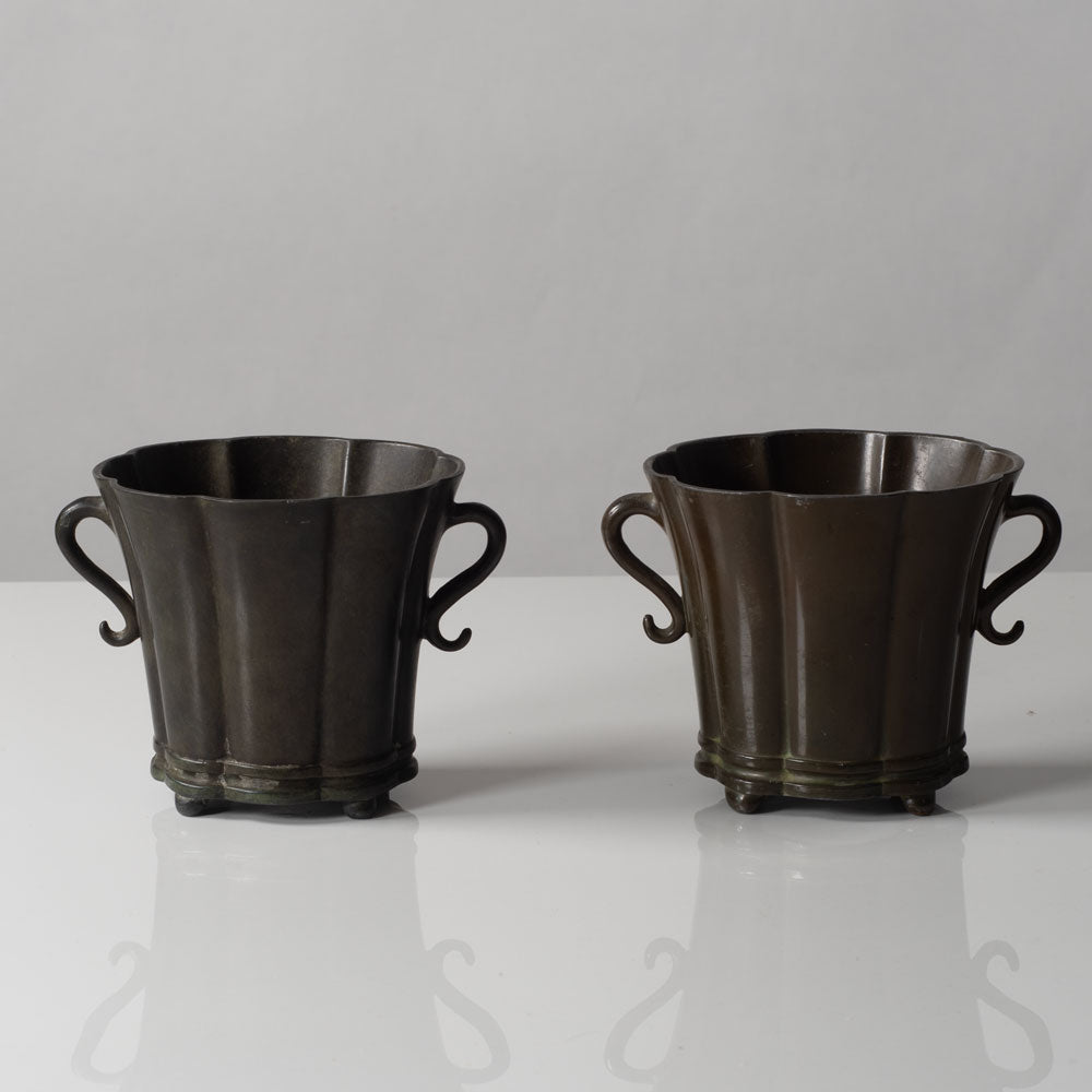 Just Andersen, Denmark, Pair of handled scalloped vessels in disko metal K2378 and L3217