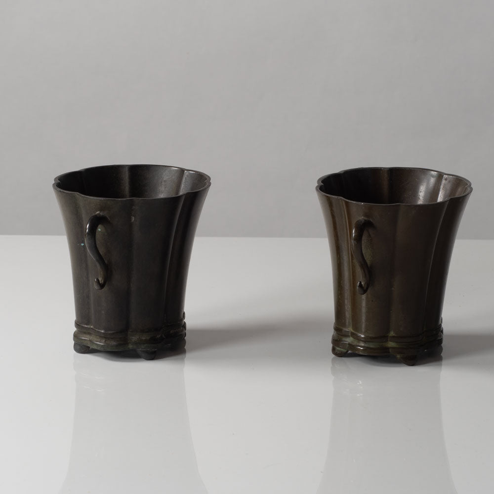 Just Andersen, Denmark, Pair of handled scalloped vessels in disko metal K2378 and L3217