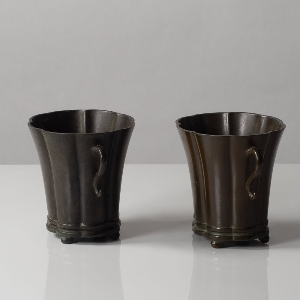 Just Andersen, Denmark, Pair of handled scalloped vessels in disko metal K2378 and L3217