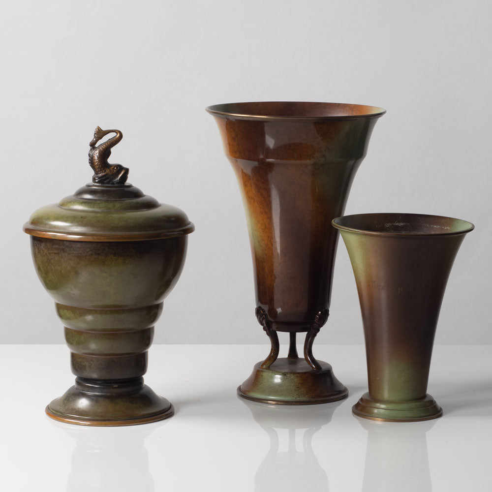 Three Scandinavian art nouveau light bronze vessels