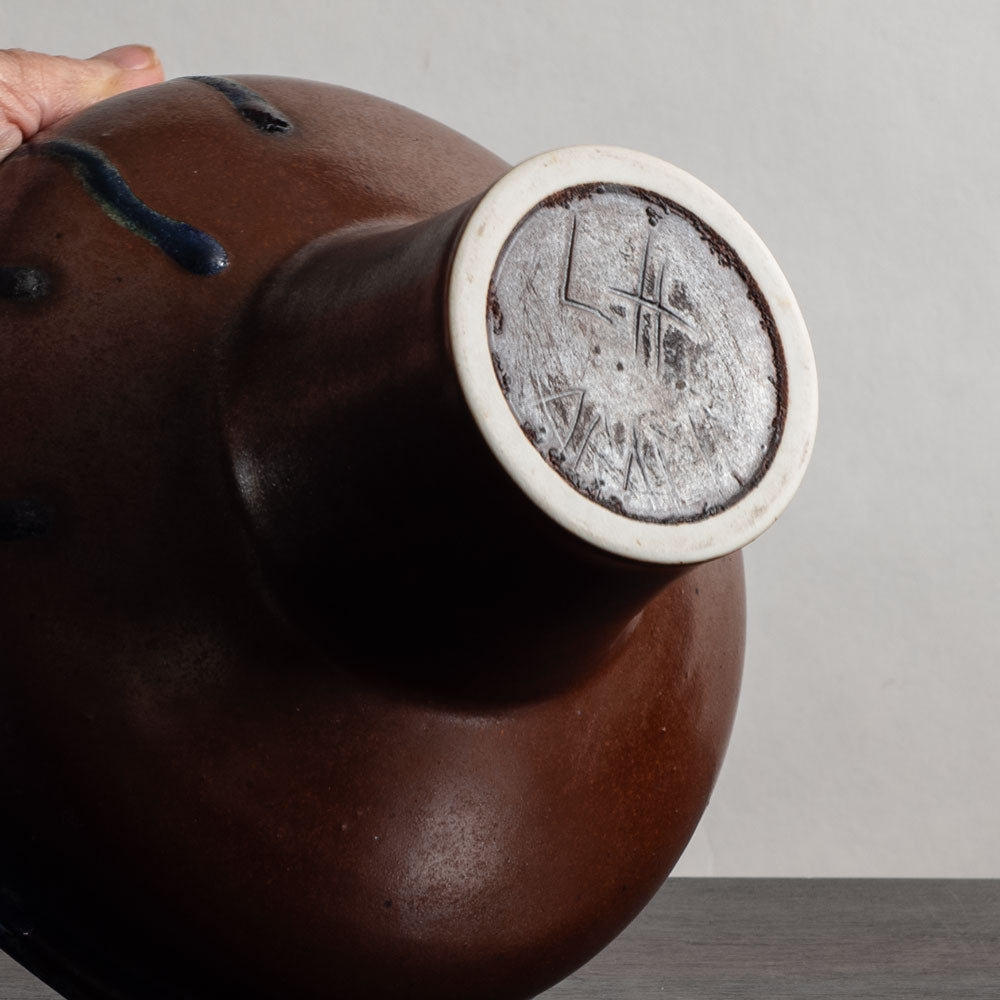Liisa Hallamaa for Arabia, Finland, wide vase with blue and blue and brown glaze M5432