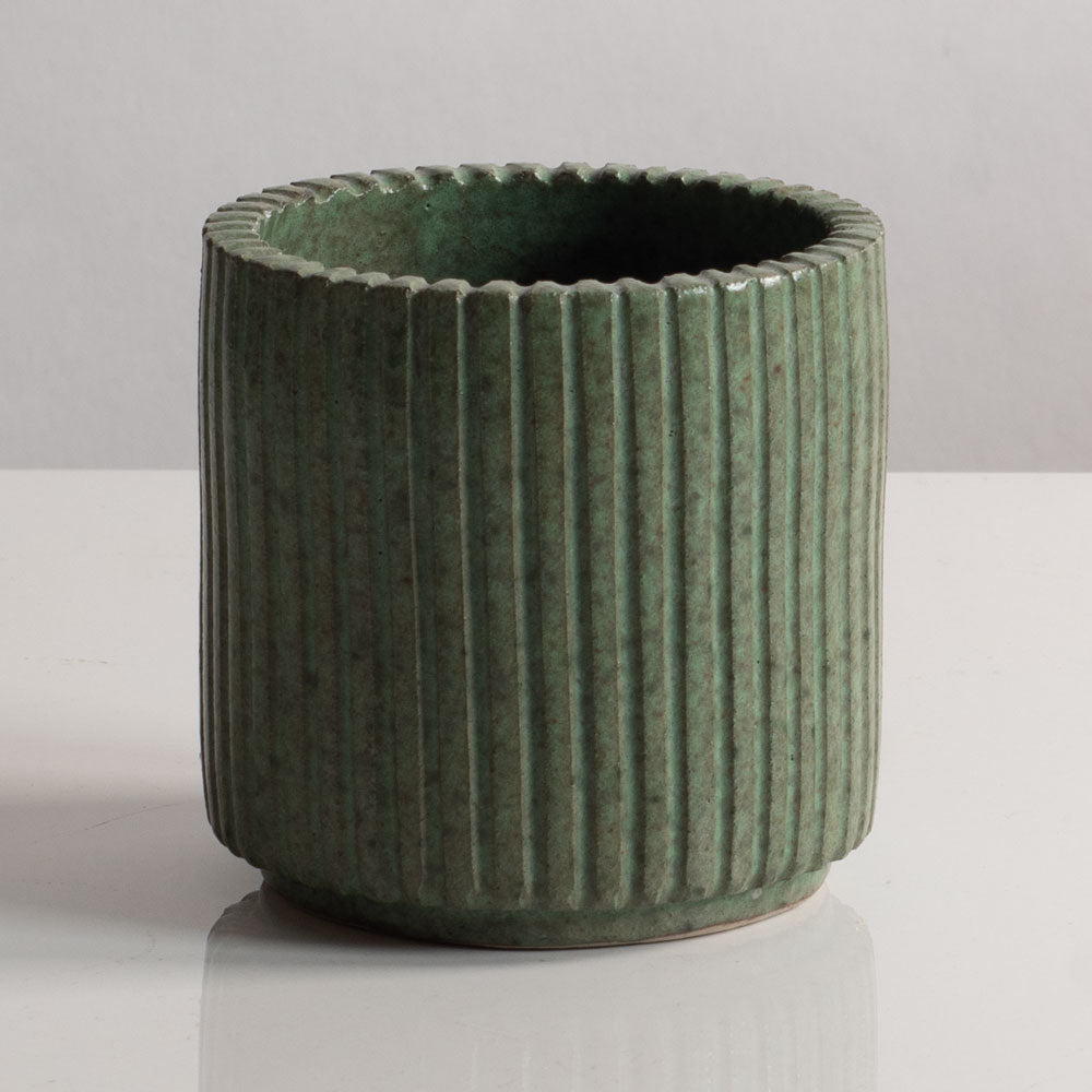 Arne Bang, Denmark, stoneware fluted cylindrical vase with green glaze M5412