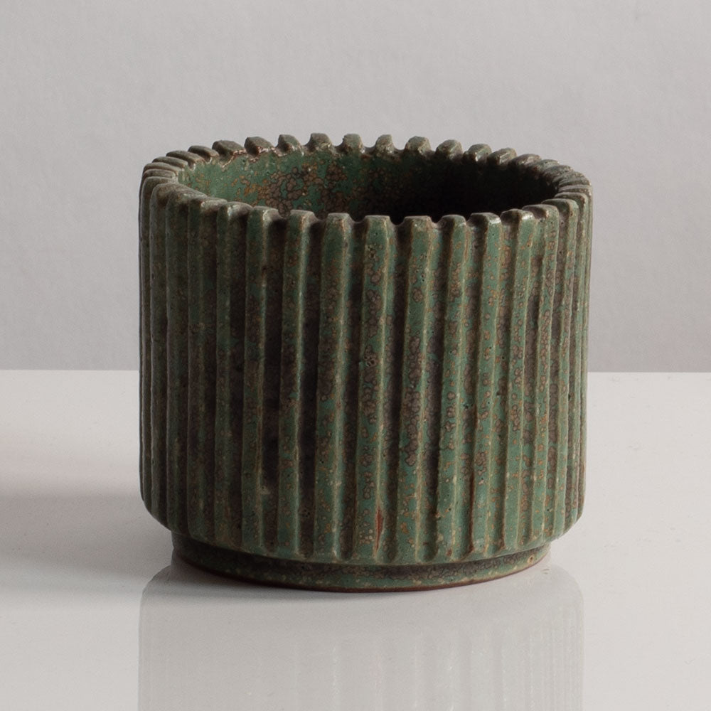 Arne Bang, Denmark, stoneware fluted cylindrical vase with green glaze M5416