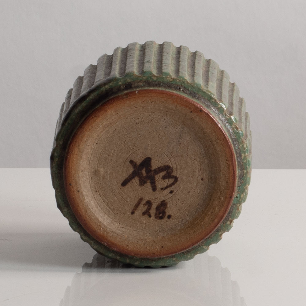 Arne Bang, Denmark, stoneware fluted cylindrical vase with green glaze M5416