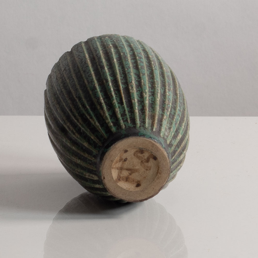 Arne Bang, Denmark, stoneware fluted cylindrical vase with green glaze M5413