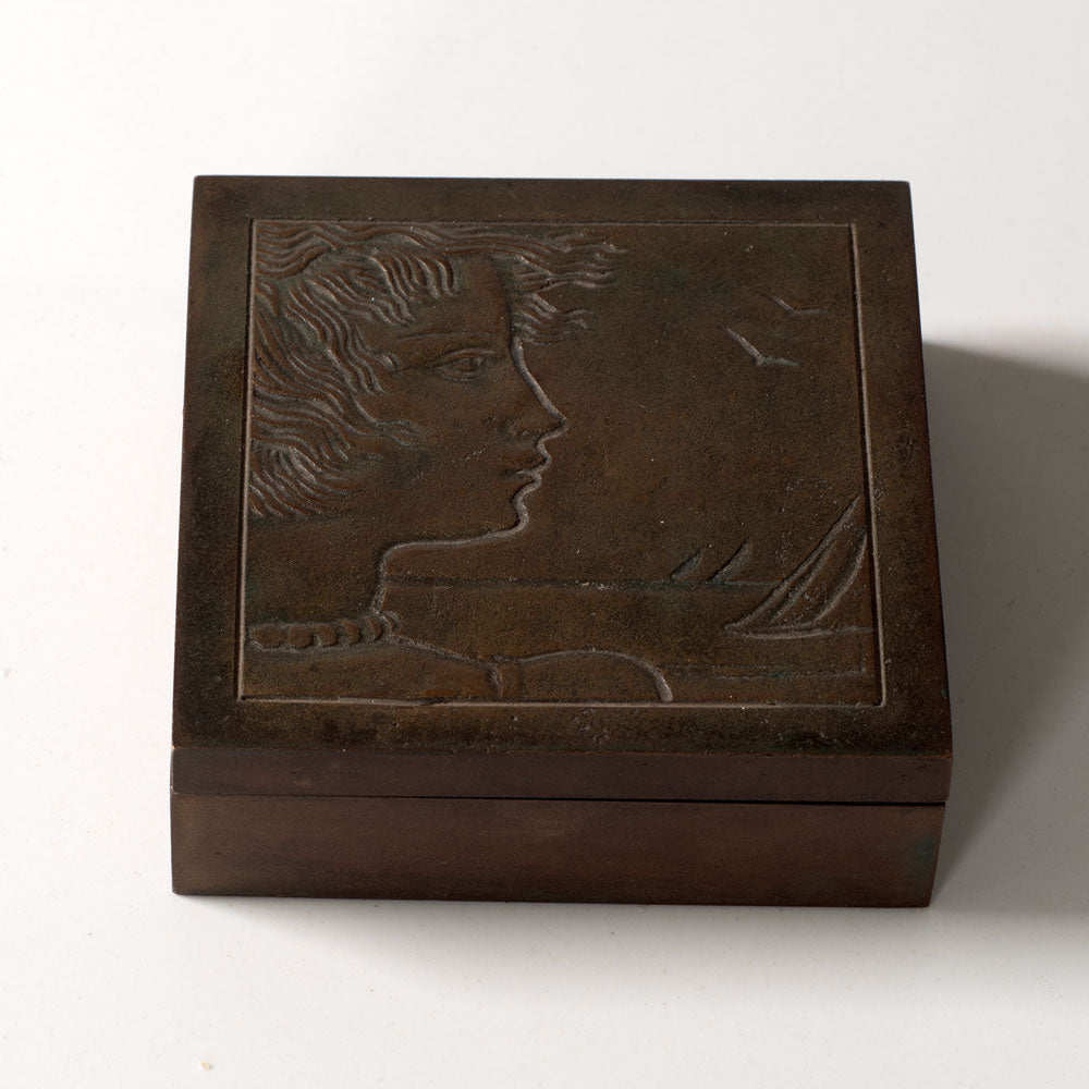 Athena Ystad, Sweden, bronze box with portrait illustration and wood interior L3266