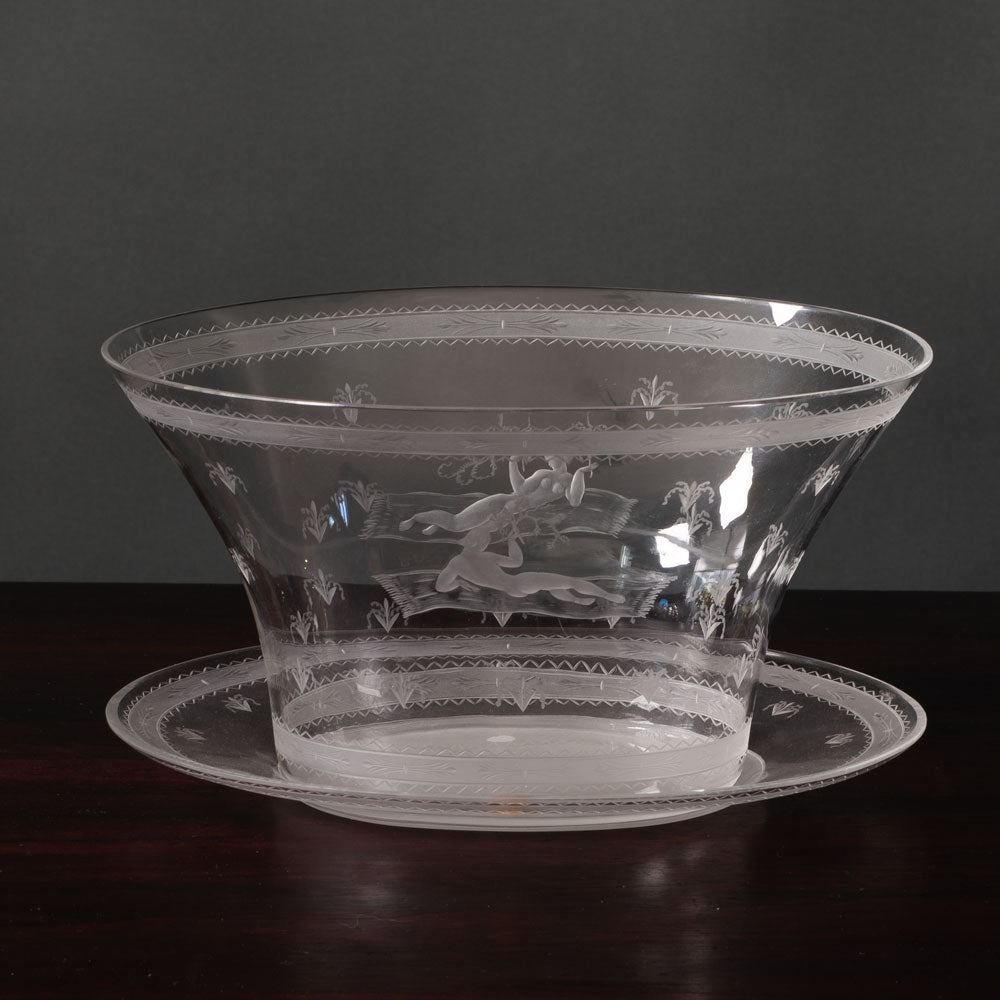 Edward Hald for Orrefors, Sweden, "Flying Carpet" engraved bowl and saucer L3185