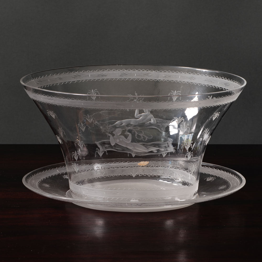 Edward Hald for Orrefors, Sweden, "Flying Carpet" engraved bowl and saucer L3185