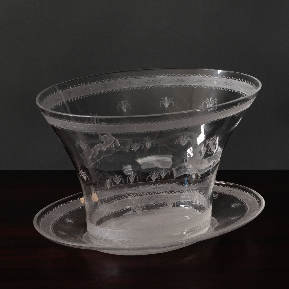 Edward Hald for Orrefors, Sweden, "Flying Carpet" engraved bowl and saucer L3185