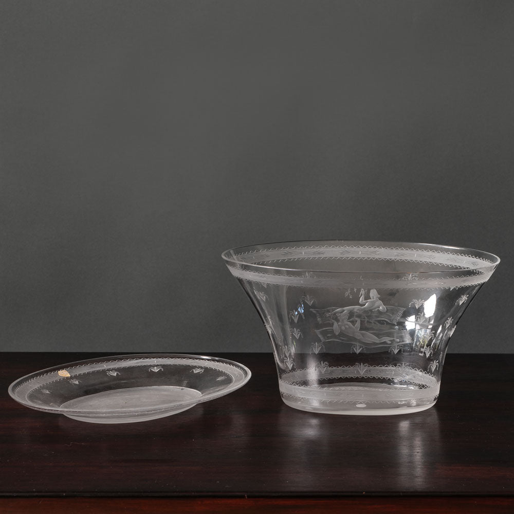 Edward Hald for Orrefors, Sweden, "Flying Carpet" engraved bowl and saucer L3185