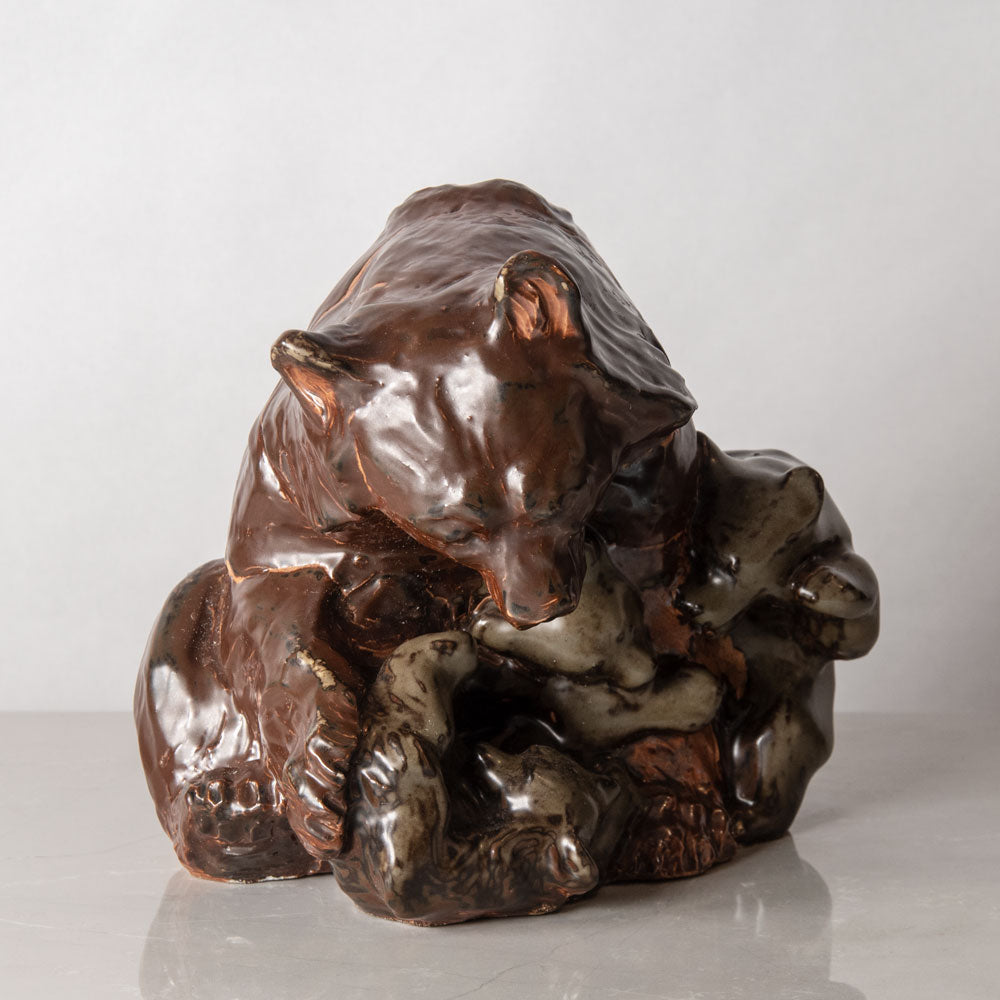 Knud Kyhn for Bing & Grondahl, Denmark, unique stoneware sculpture of a bear and three cubs J1398