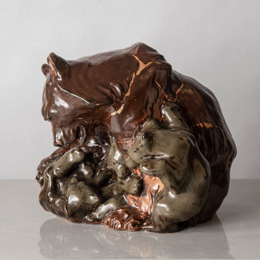 Knud Kyhn for Bing & Grondahl, Denmark, unique stoneware sculpture of a bear and three cubs J1398