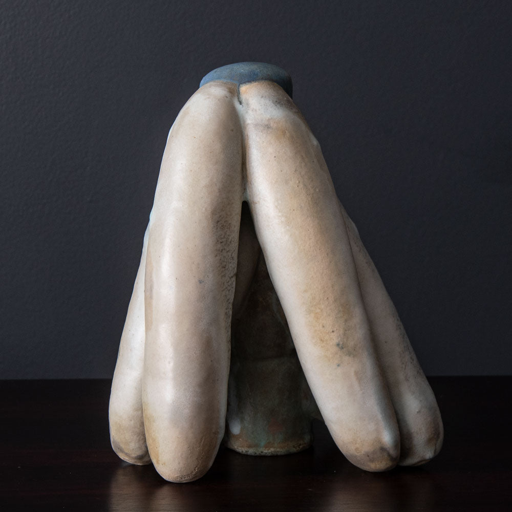 Beate Kuhn, Germany, unique stoneware sculpture with blue and off-white glaze J1222