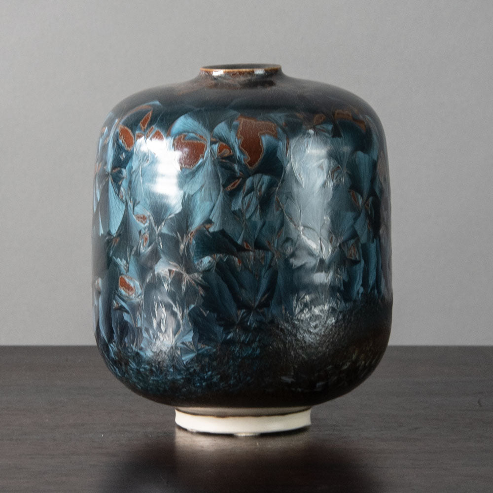 Sigrid May, Germany, unique porcelain vase with blue and brick red high-fired crystalline glaze J1306