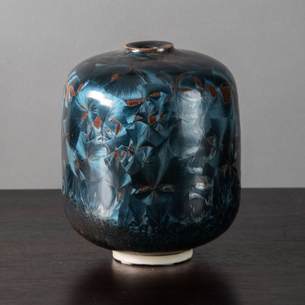 Sigrid May, Germany, unique porcelain vase with blue and brick red high-fired crystalline glaze J1306