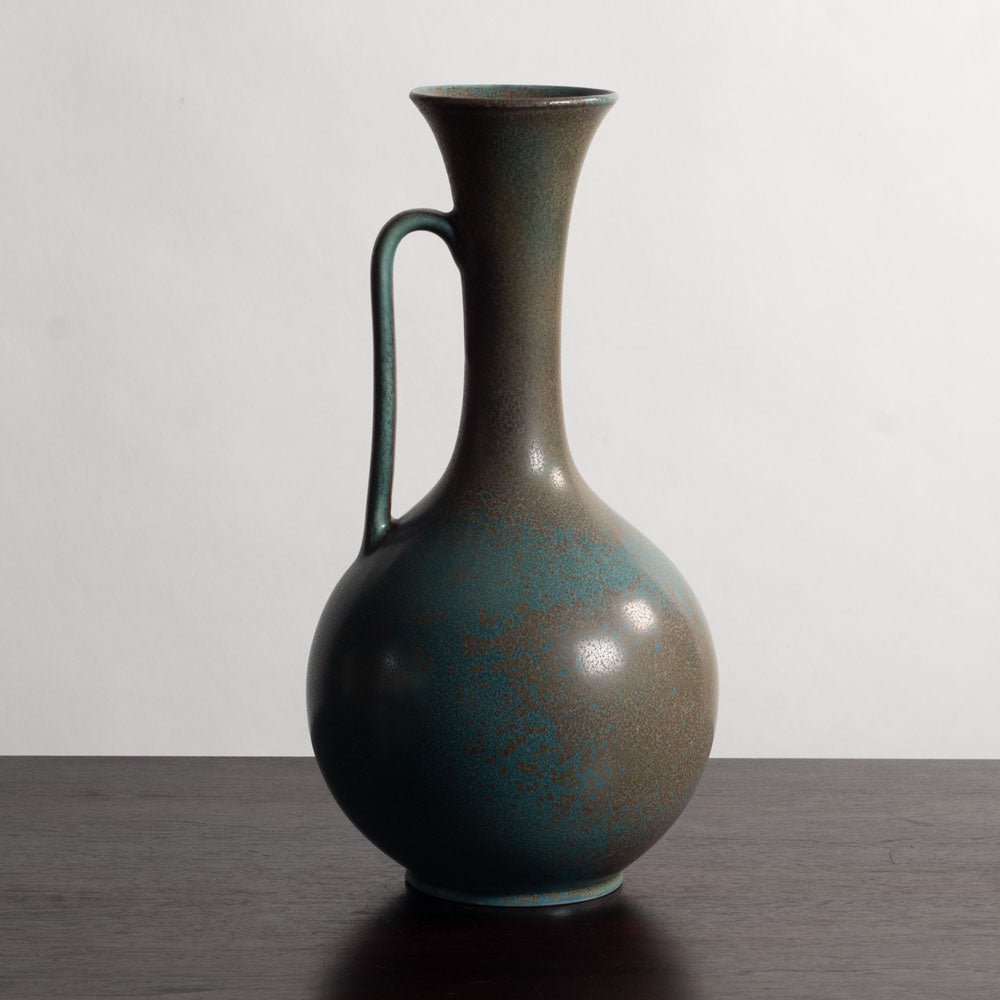 Gunnar Nylund for Rörstrand, Sweden, large stoneware handled vase with green crystalline glaze M5545