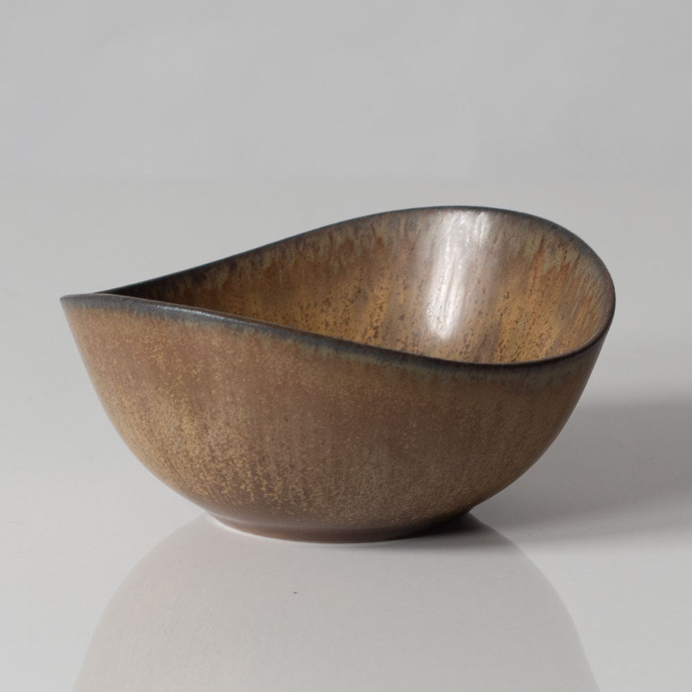 Gunnar Nylund for Rörstrand, Sweden, small ovoid bowl with brown haresfur glaze L3347