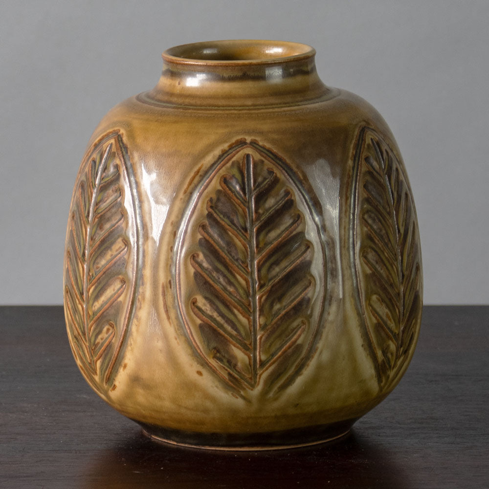 Gerd Bogelund for Royal Copenhagen, Denmark, stoneware vase with leaf decoration J1144