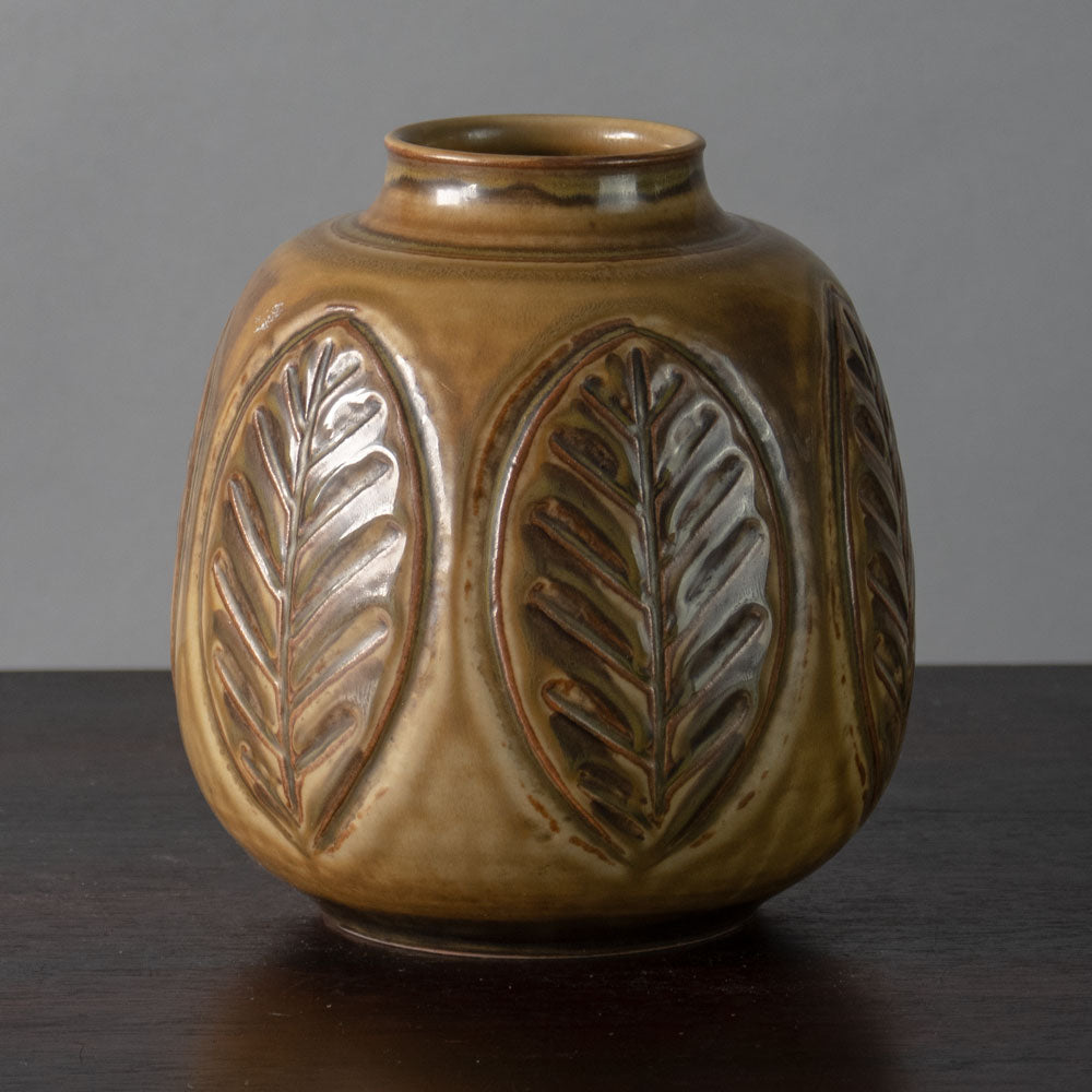 Gerd Bogelund for Royal Copenhagen, Denmark, stoneware vase with leaf decoration J1144