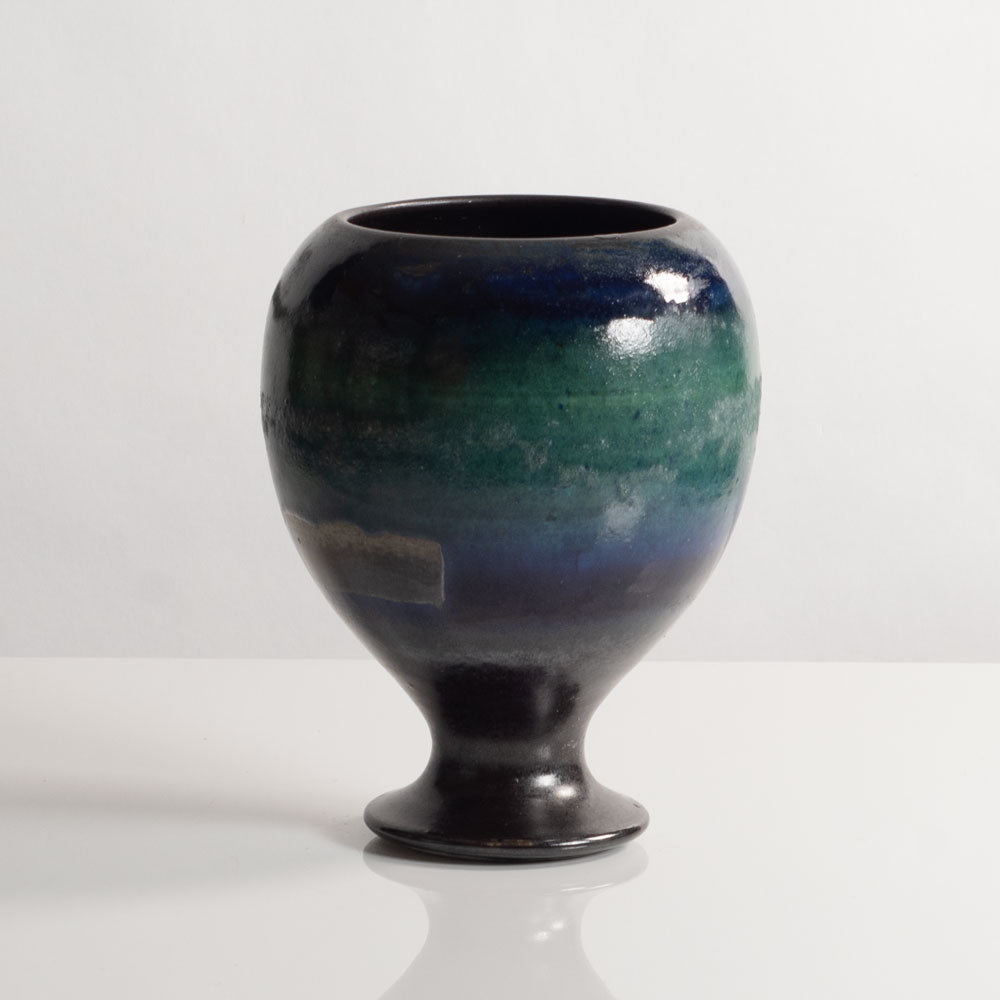 Liisa Hallamaa for Arabia, Finland, unique stoneware footed vase with blue and green glaze M5557